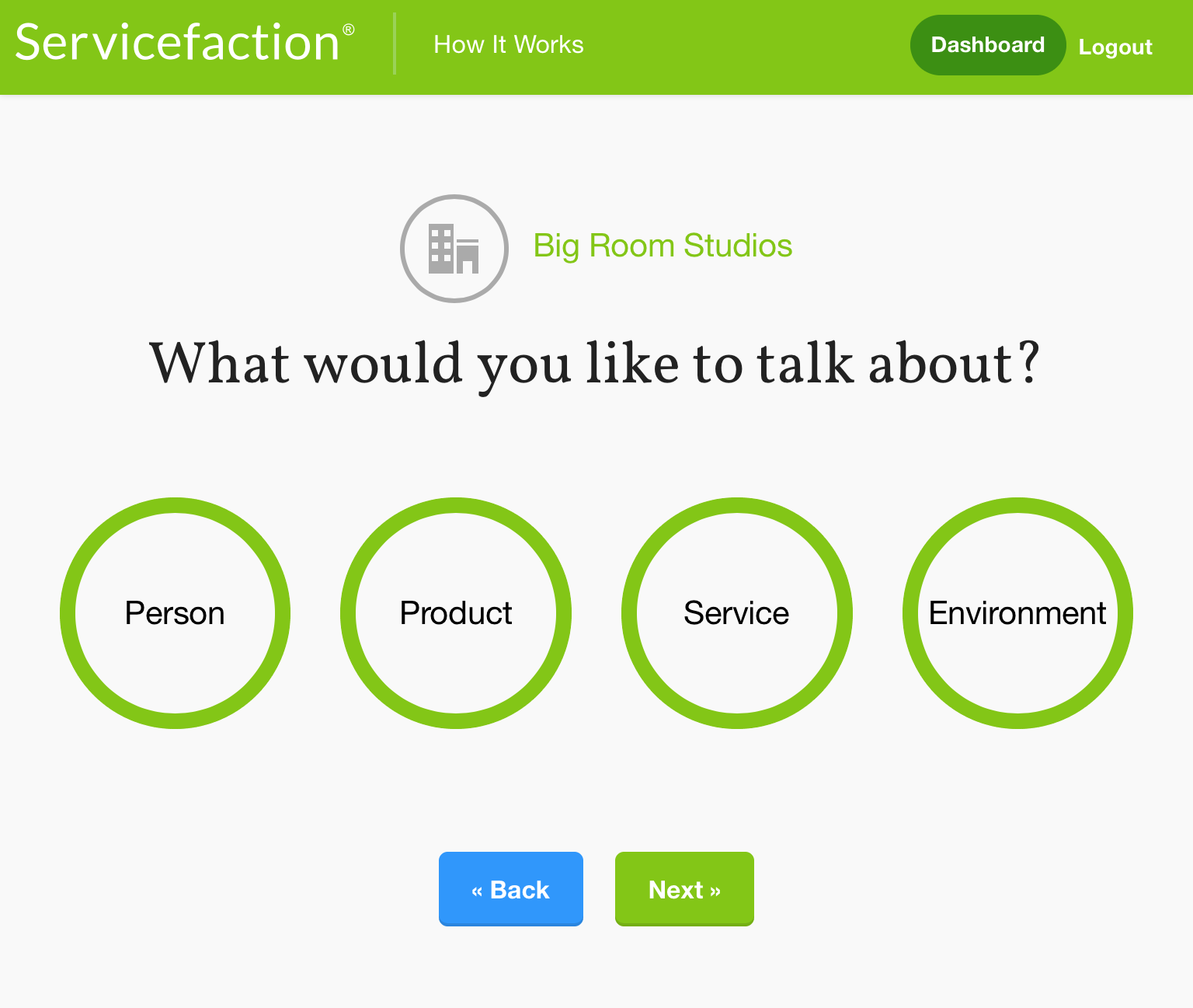 Servicefaction questionnaire screenshot